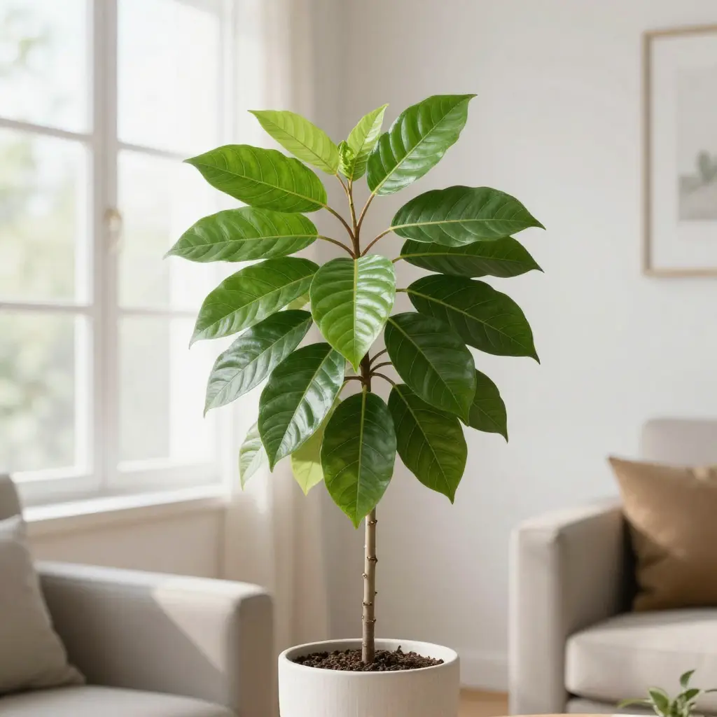 Healthy indoor plant with fresh green leaves in a bright living room